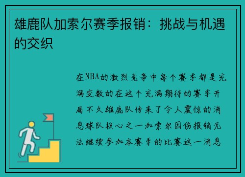 雄鹿队加索尔赛季报销：挑战与机遇的交织